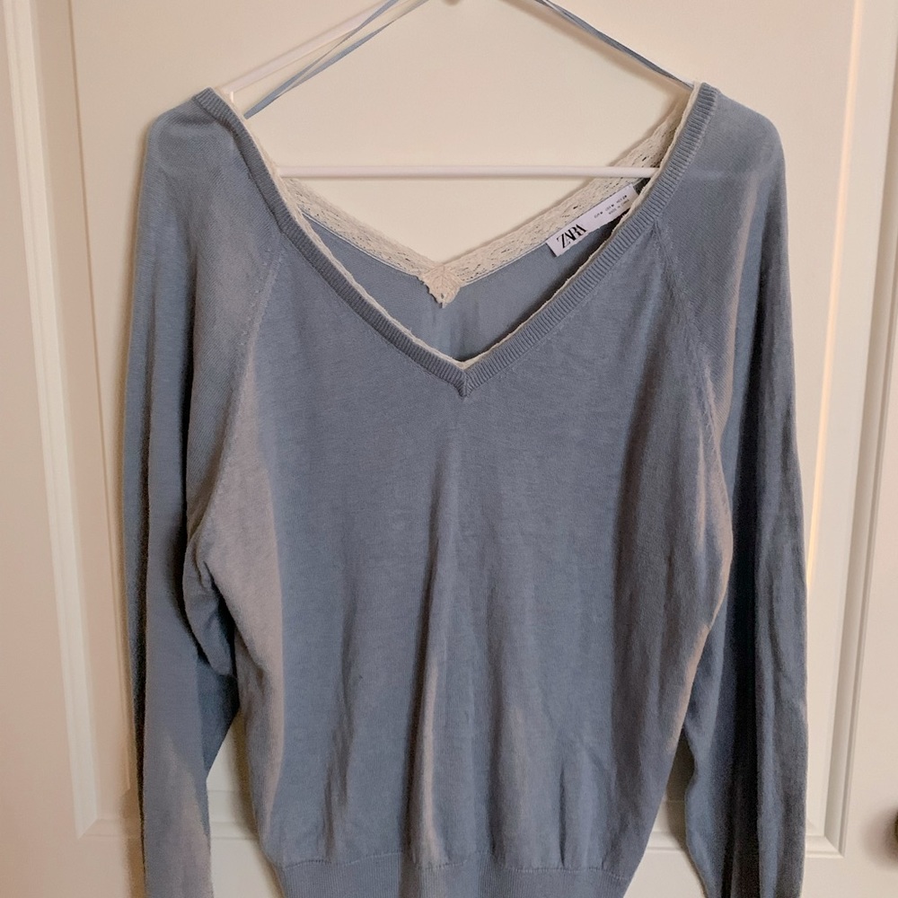 Blue/grey ZARA V sweater with lace insert